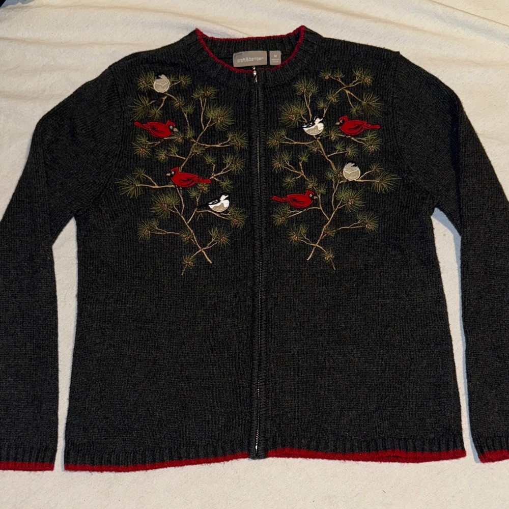Croft & Barrow Dark Gray Holiday Cardigan with Red Bird & Tree Embroidery Sz M